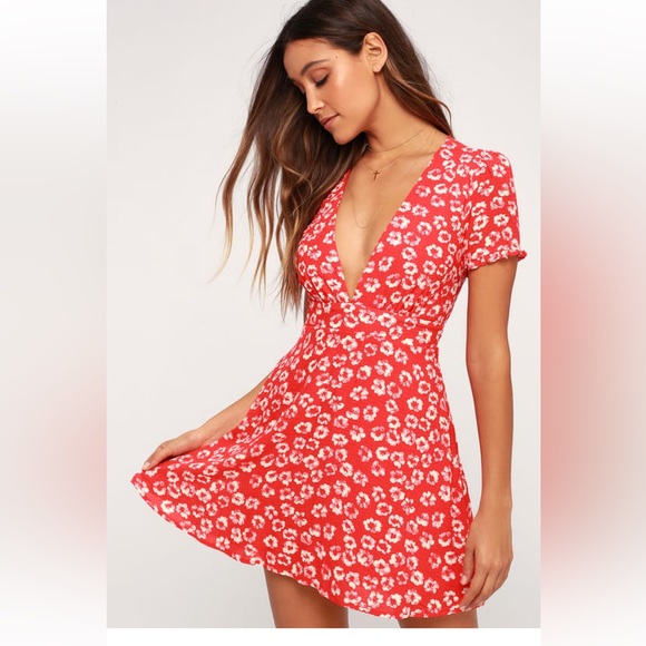 Lulus Garden Explorer Red Floral Print Mini Dress - Picture 1 of 6